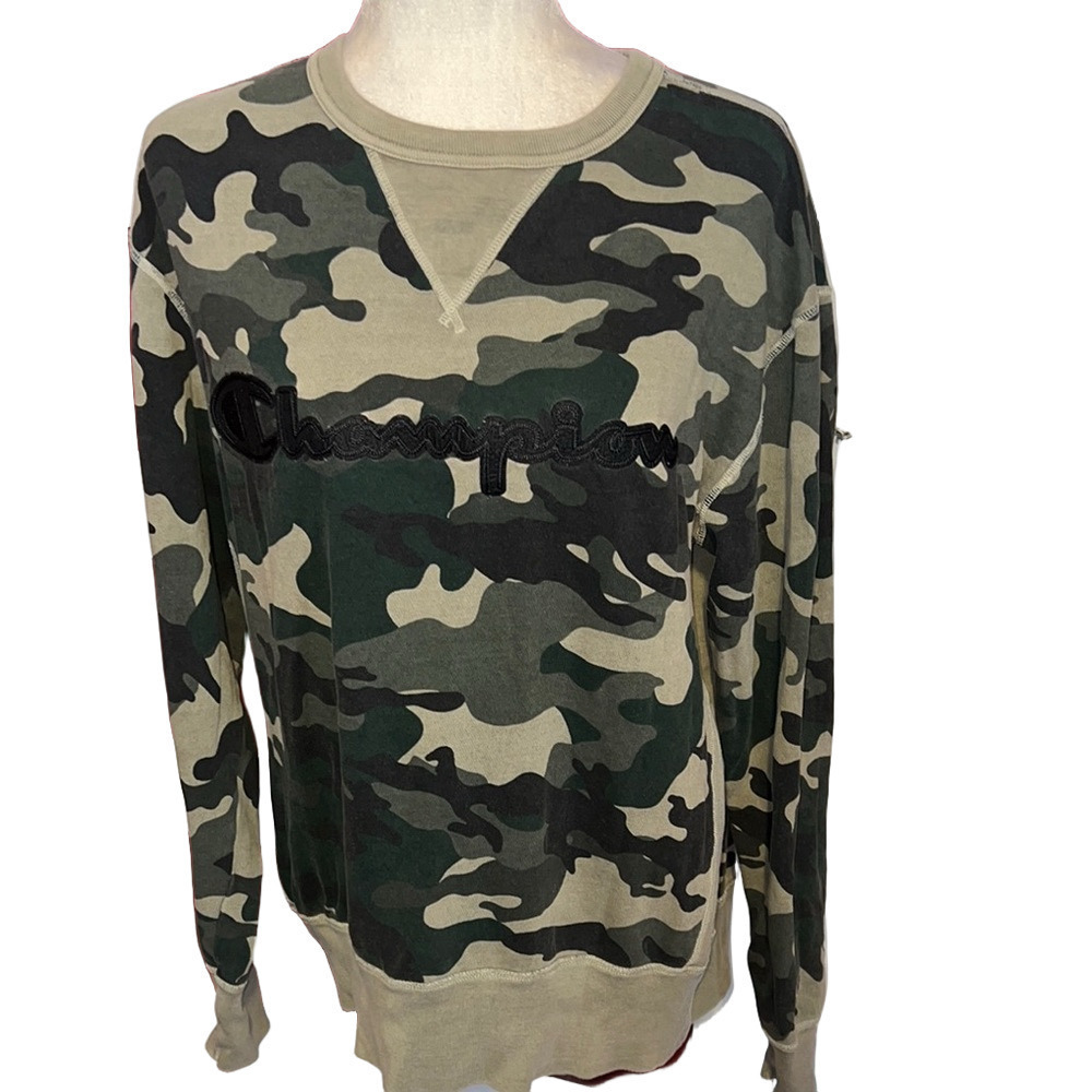 Champion Green and Black Camouflage CamoCrewneck Sweater Pullover Sweatshirt M